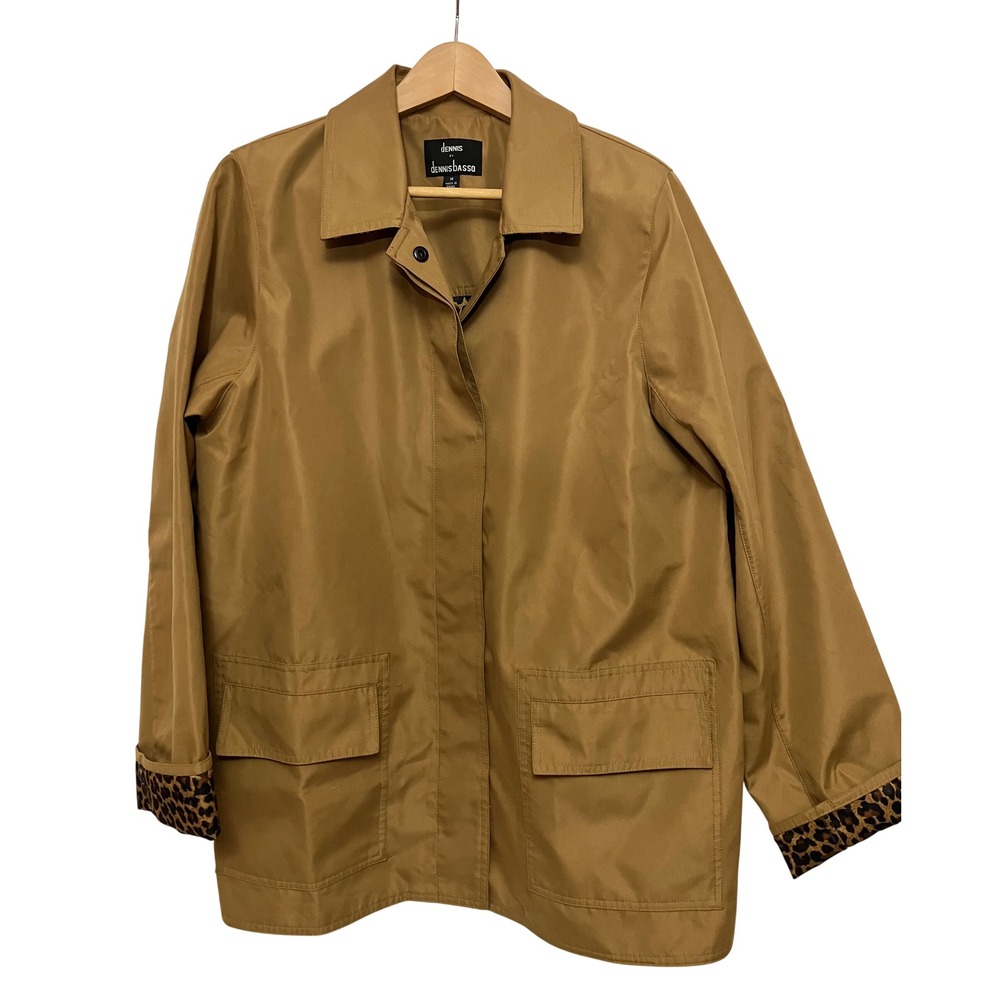 Dennis Basso Barn Jacket Women M Tan Excellent Leopard Print Lining Snap Front